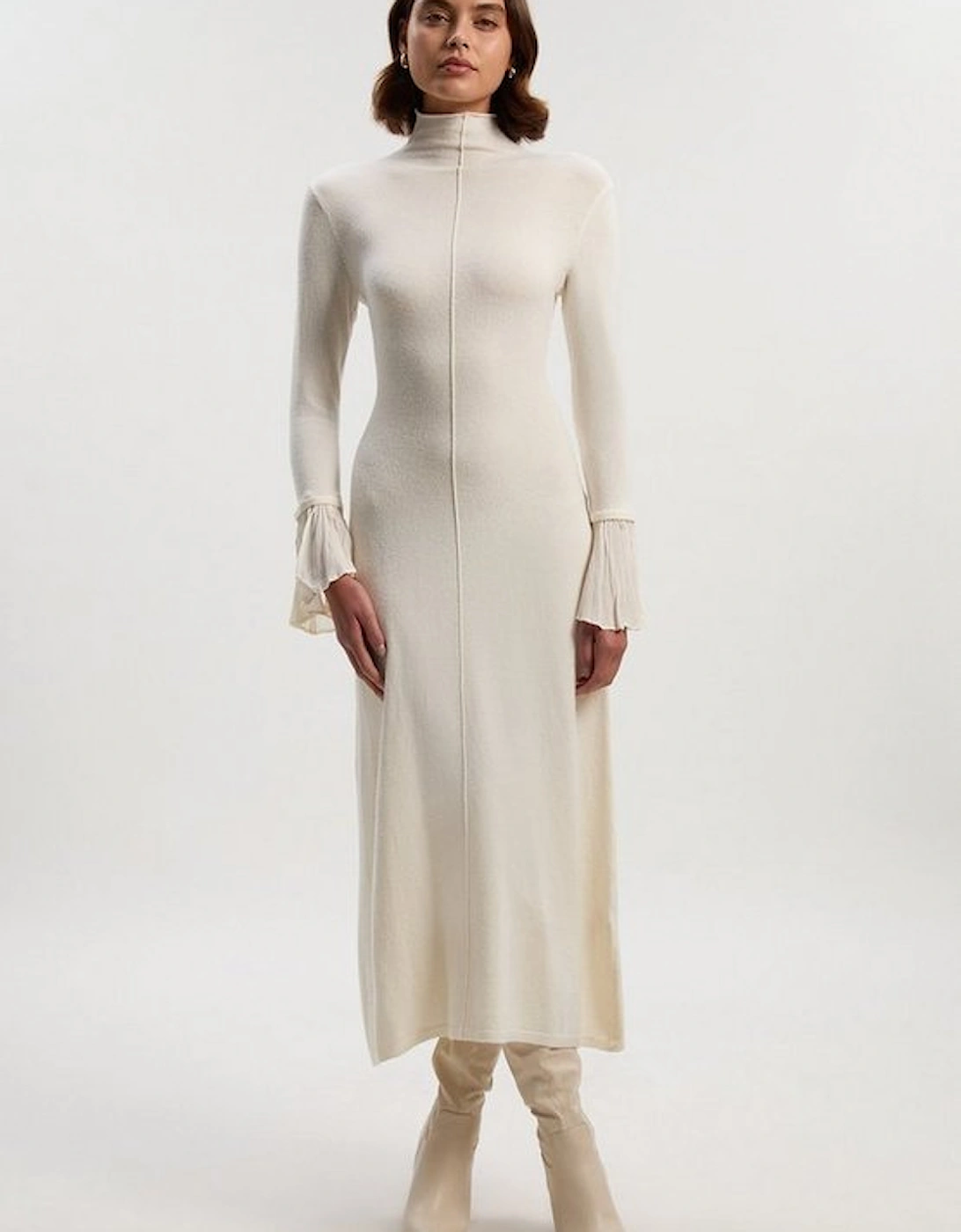Petite Wool And Alpaca Blend Knit Pleated Silk Woven Cuffs Midi Dress, 2 of 1