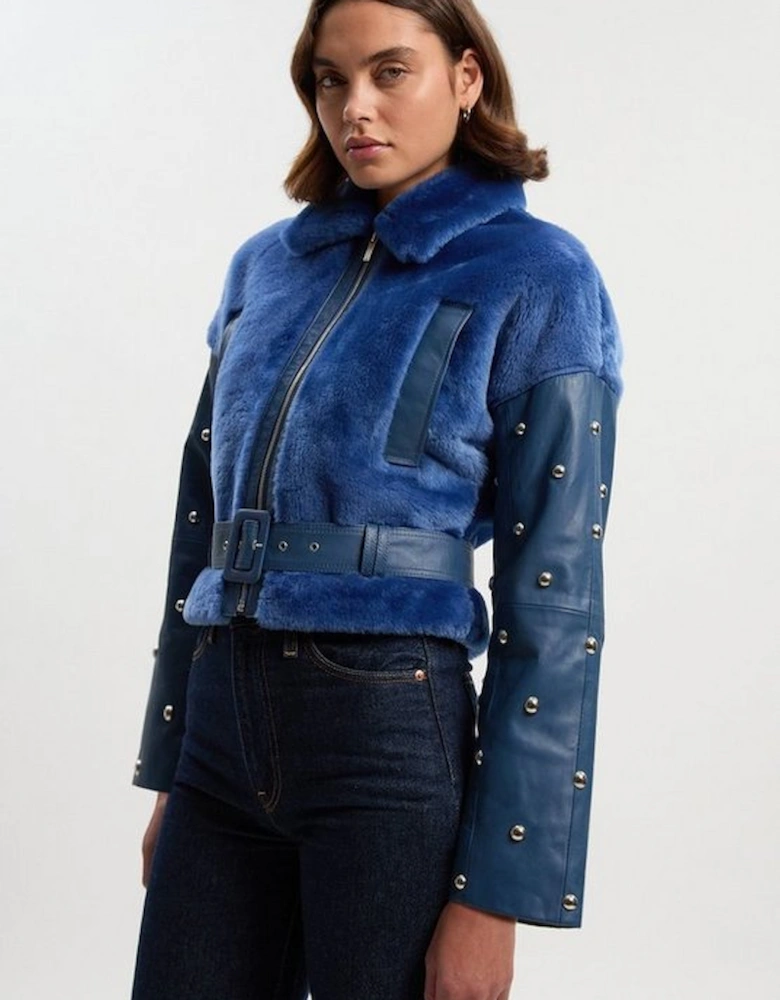 Shearling & Leather Mix Studded Biker Jacket