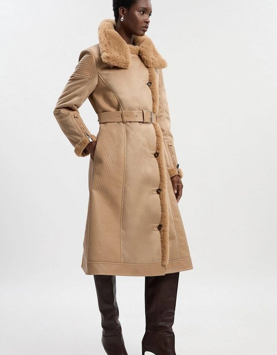 Petite Faux Shearling Biker Longline Coat, 2 of 1