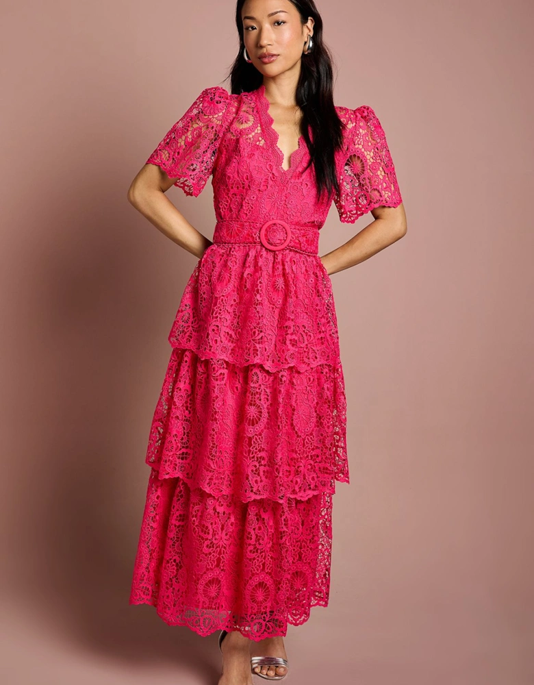 Short Sleeve V Neck Tiered Lace Midi Dress