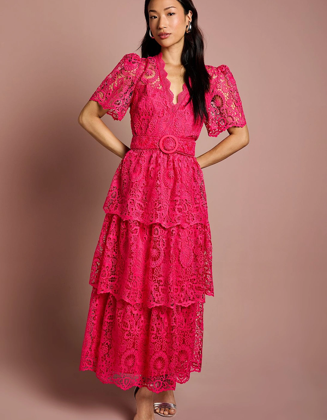 Short Sleeve V Neck Tiered Lace Midi Dress, 2 of 1