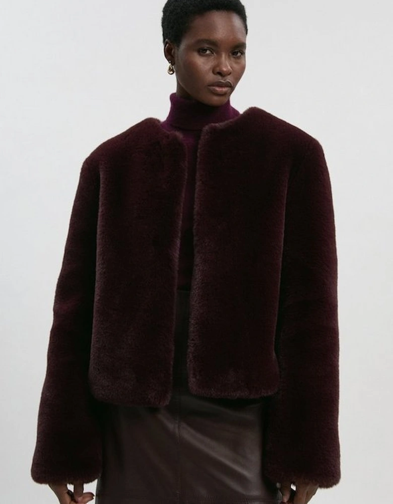 Collarless Faux Fur Jacket