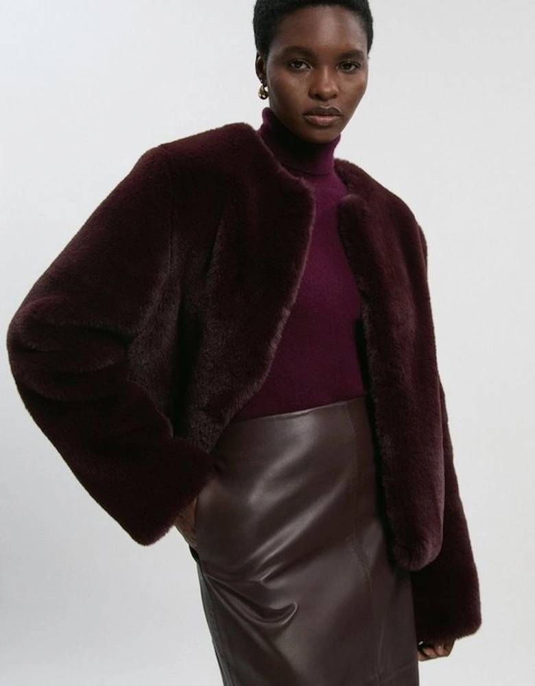 Collarless Faux Fur Jacket