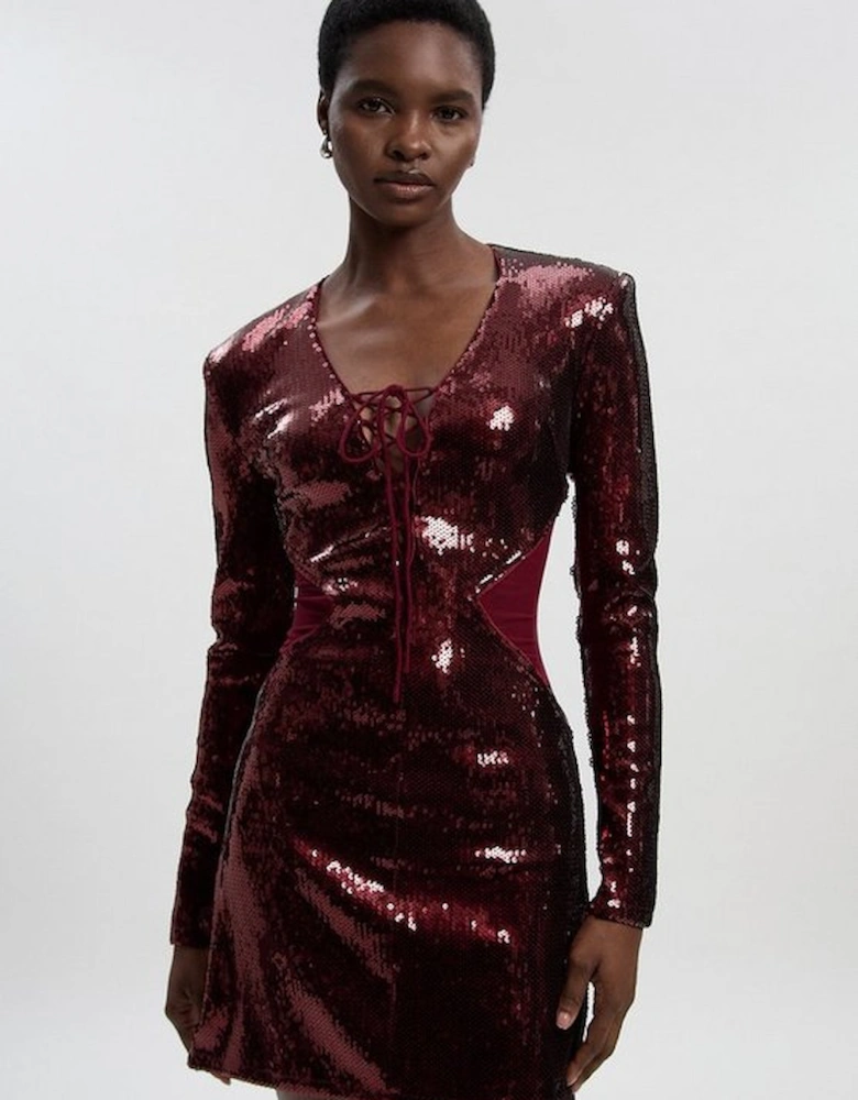 Sequin Power Mesh Lace Up Mini Dress