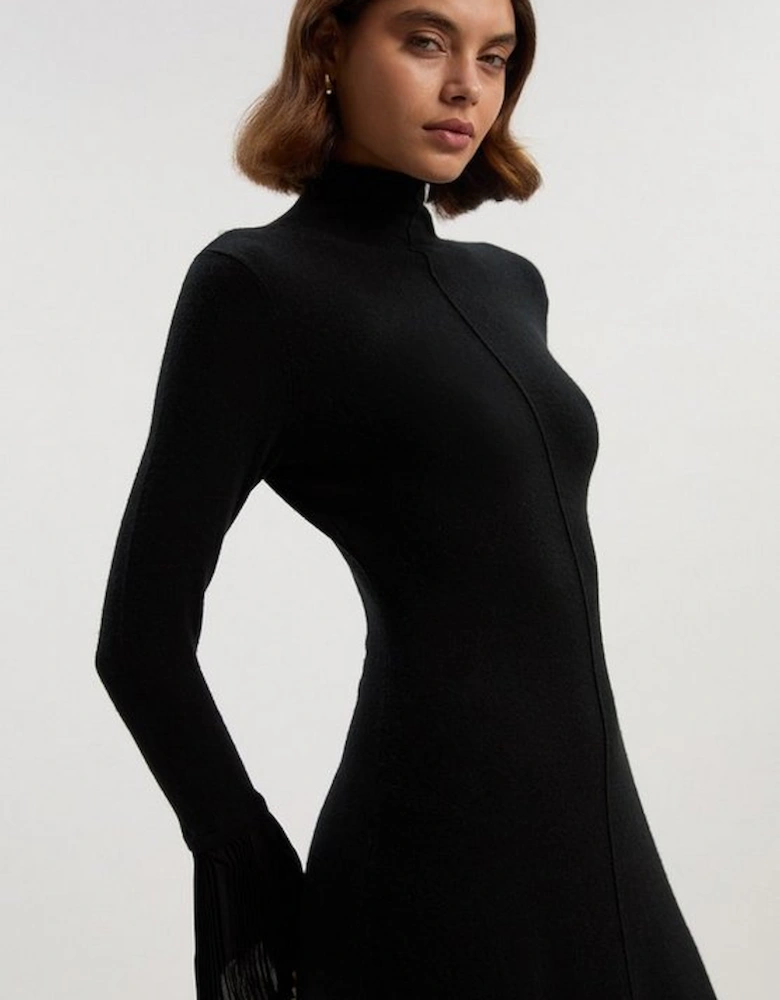 Wool And Alpaca Blend Knit Pleated Silk Woven Cuffs Midi Dress