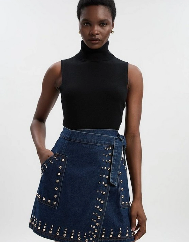 Denim Studded Wrap Mini Skirt