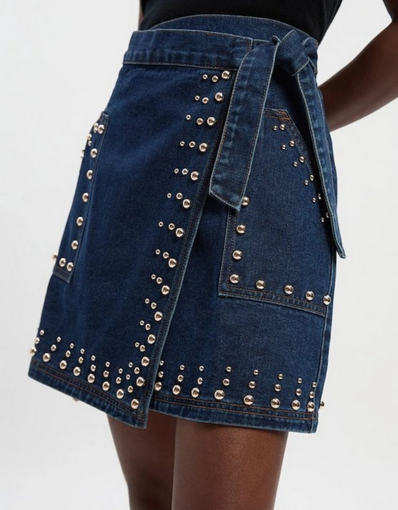 Denim Studded Wrap Mini Skirt