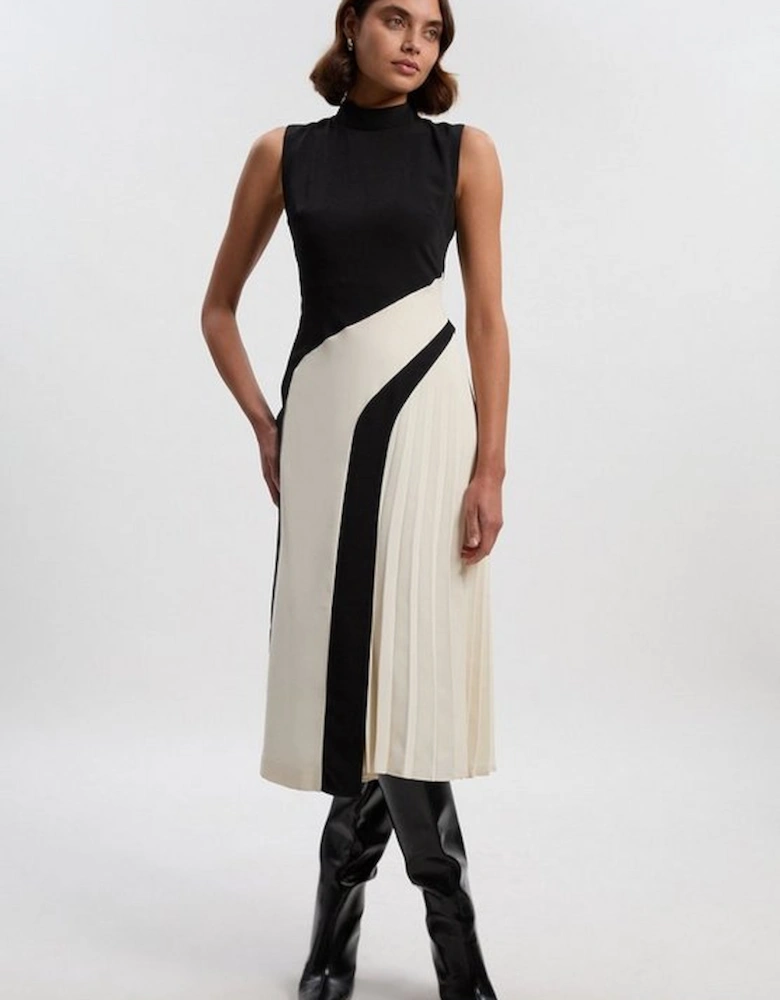 Soft Tailored Colour block High Neck Pleated Midi Dress