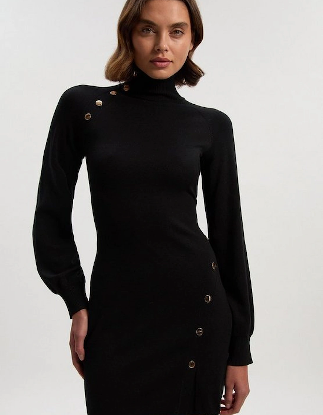 Viscose Blend Popper Detail Knitted Mini Dress, 2 of 1