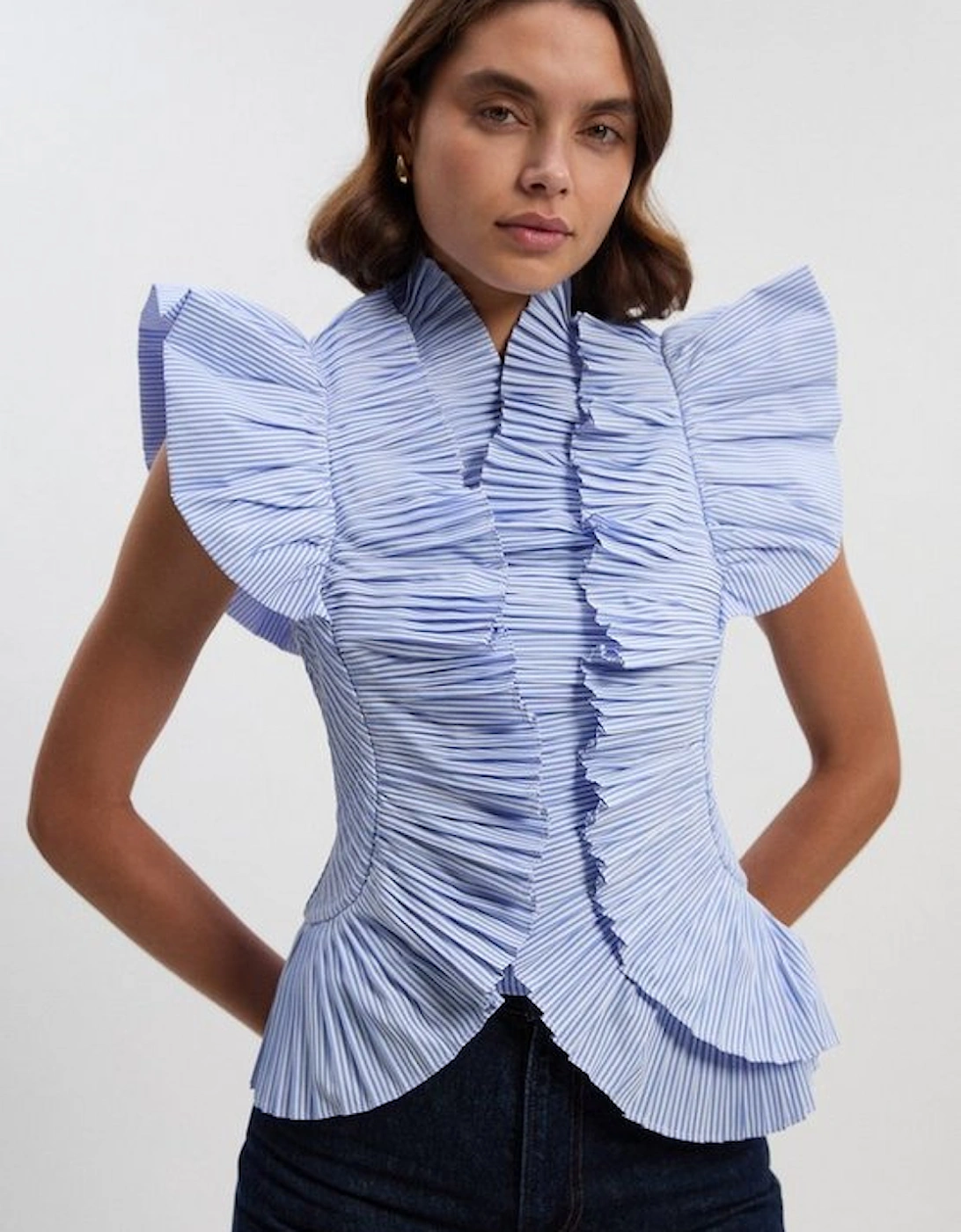 Stripe Pleated Ruffle Sleeve Woven Top, 2 of 1