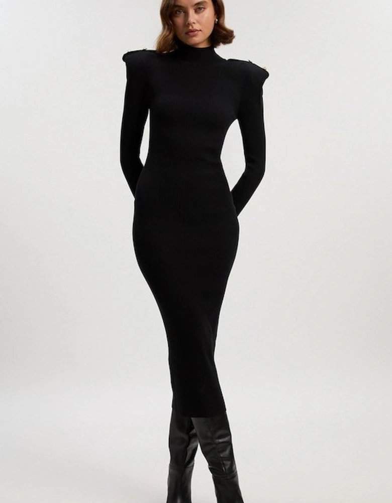 Viscose Blend Rib Knit Power Shoulder Long Sleeve Military Trim Maxi Dress