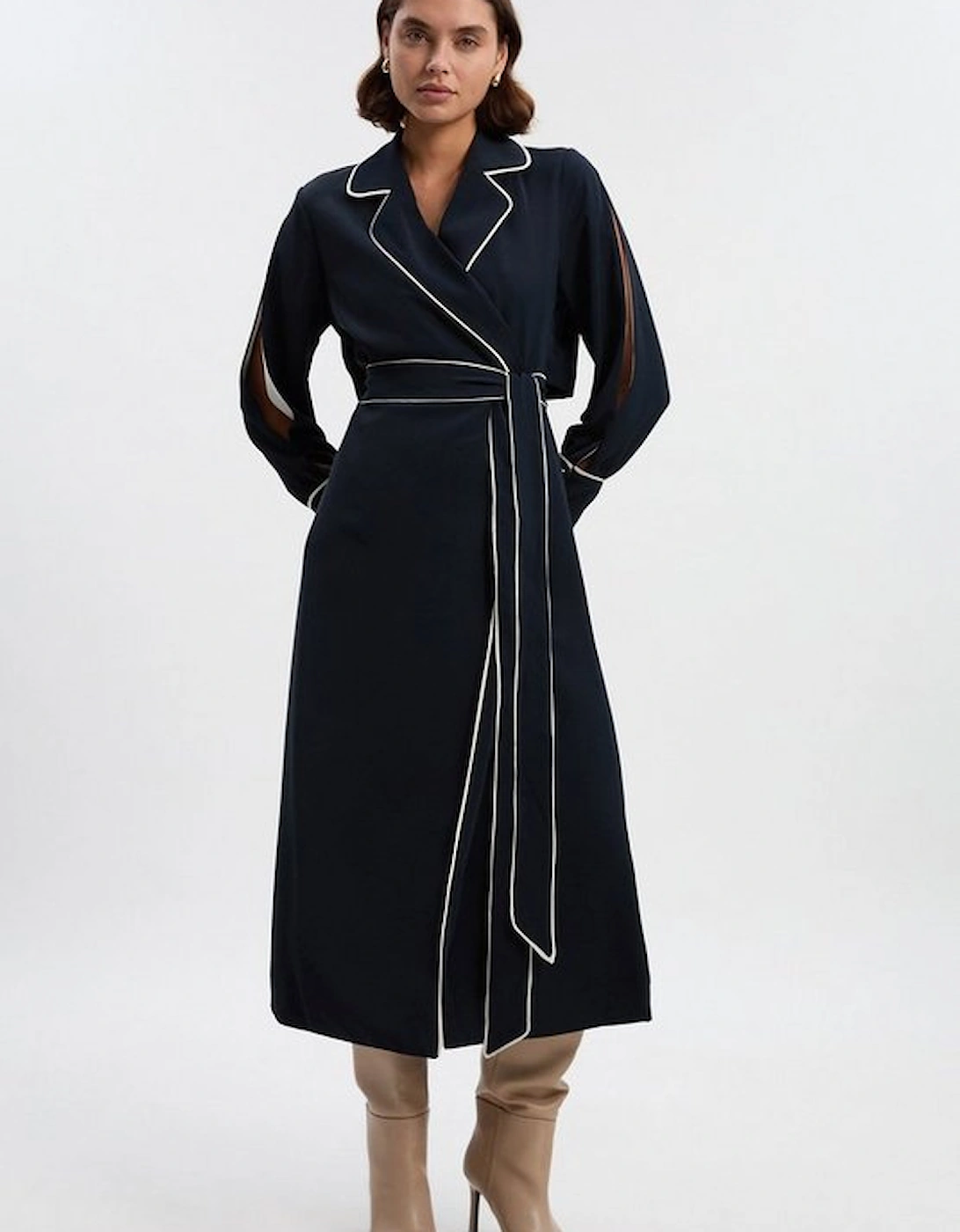 Petite Contrast Tipping Tie Waist Long Sleeve Woven Trench Midi Dress, 2 of 1