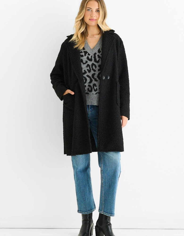 Black Shearling Mid Length Double Breasted Jacket