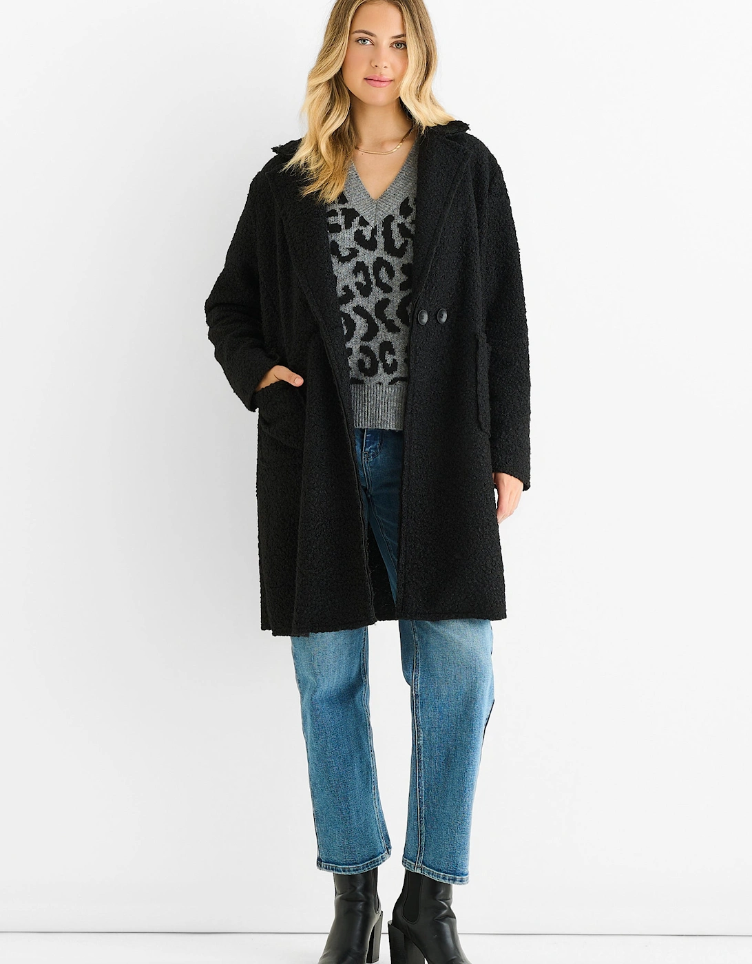 Black Shearling Mid Length Double Breasted Jacket, 5 of 4