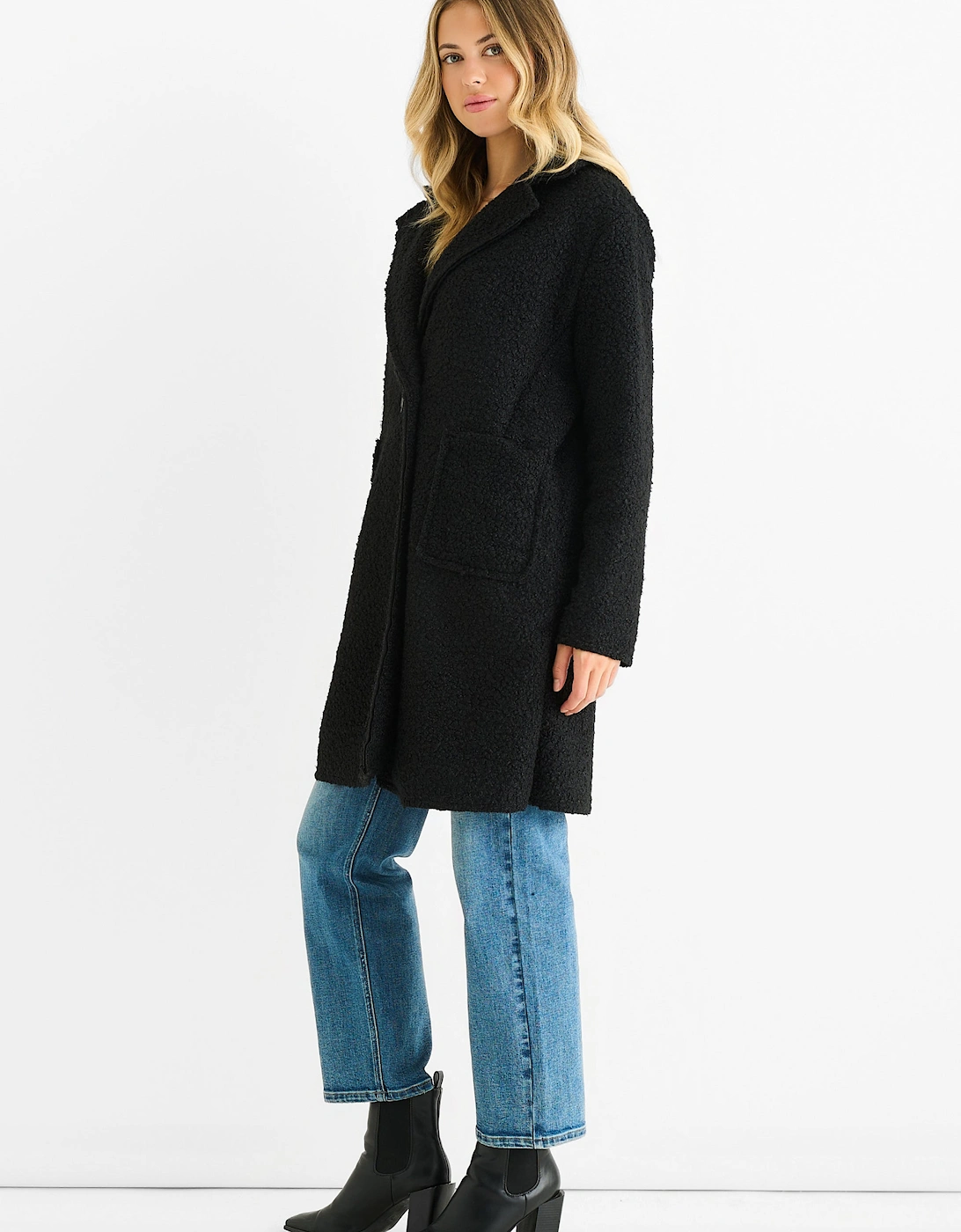 Black Shearling Mid Length Double Breasted Jacket