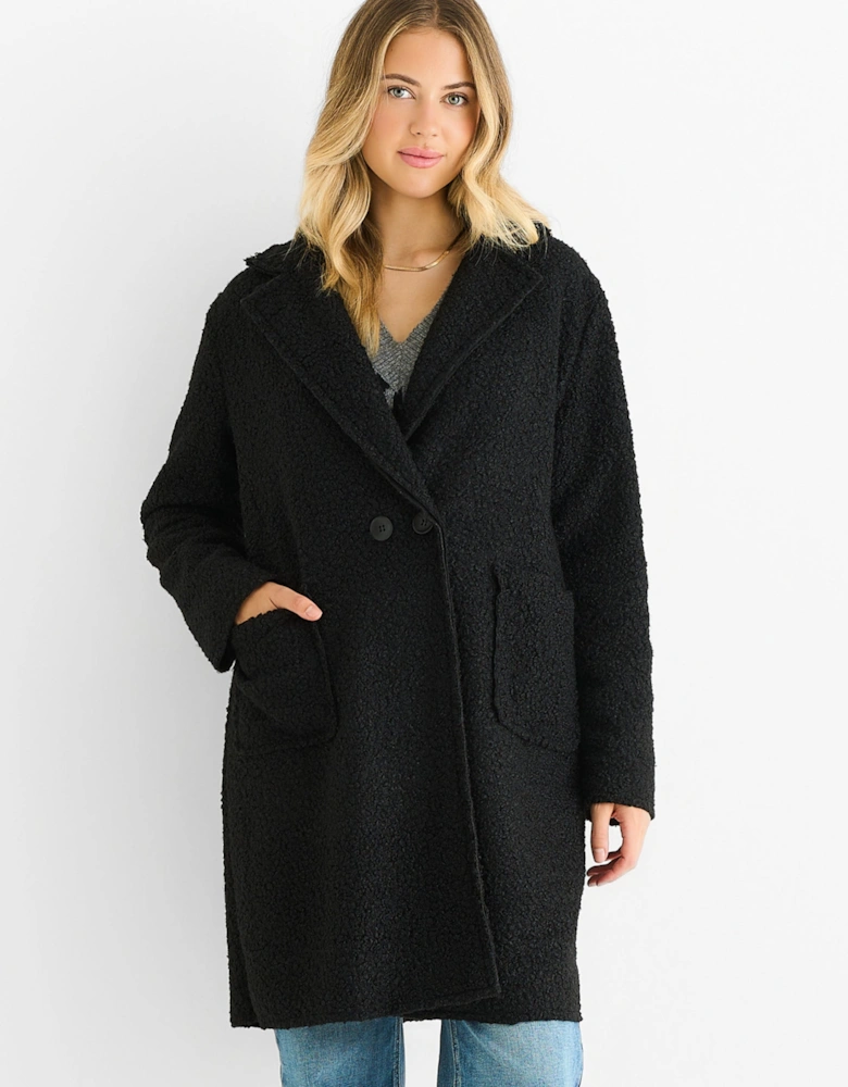 Black Shearling Mid Length Double Breasted Jacket