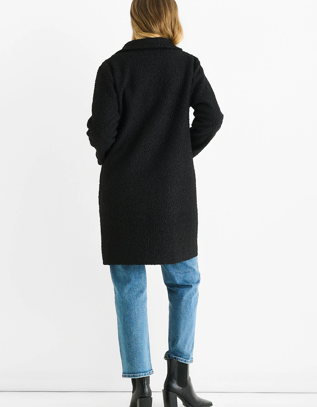 Black Shearling Mid Length Double Breasted Jacket