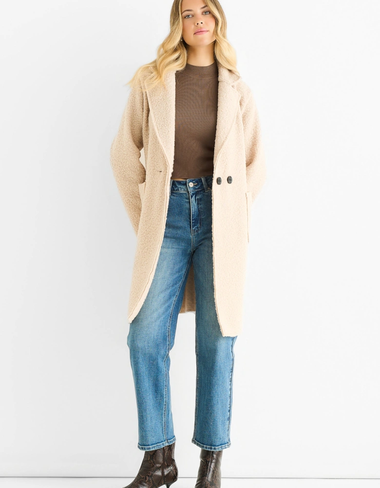 Beige Shearling Mid Length Double Breasted Jacket