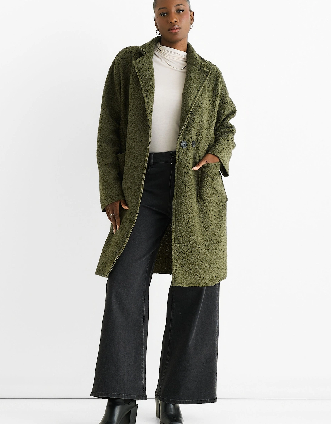 Khaki Shearling Mid Length Double Breasted Jacket, 5 of 4
