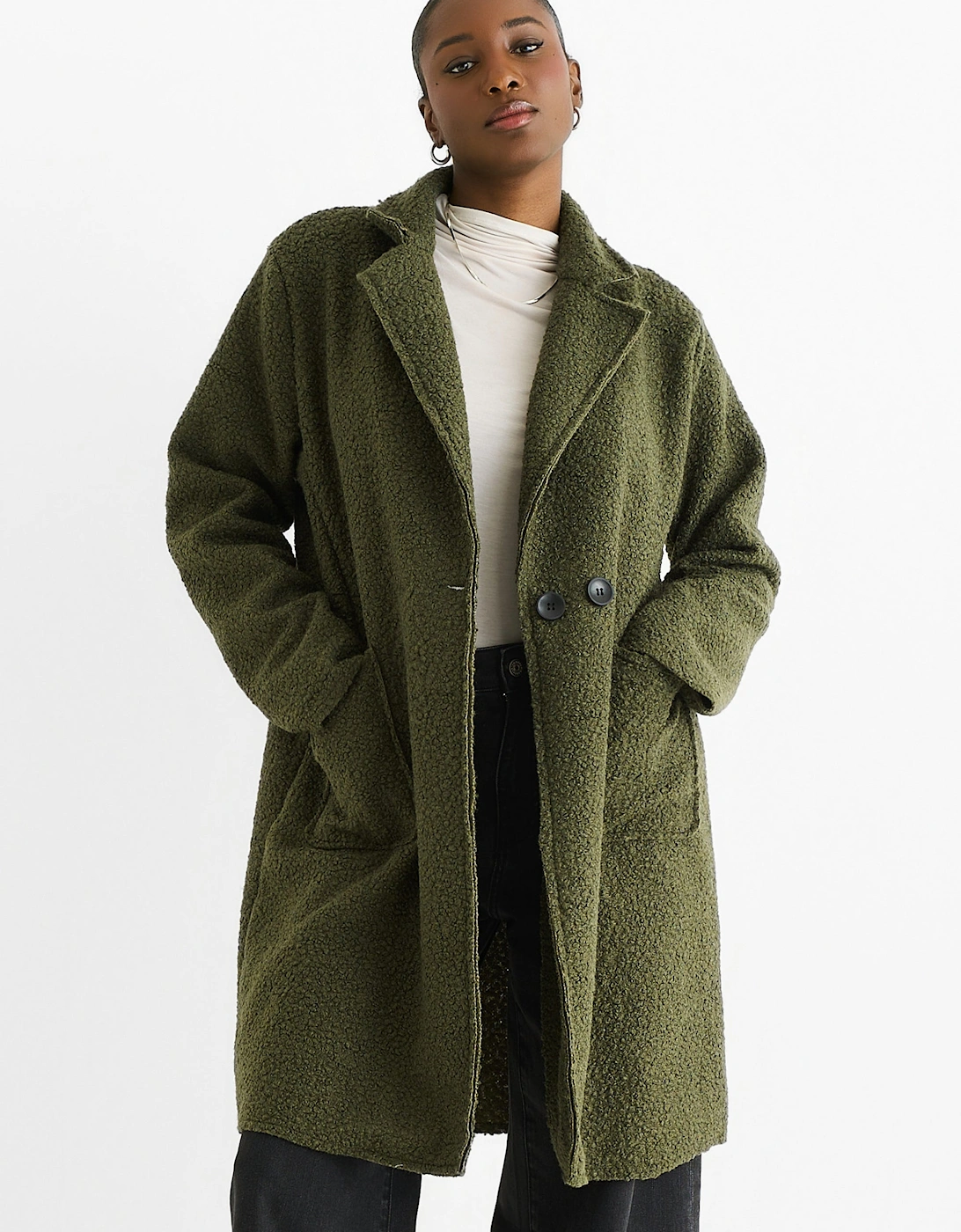 Khaki Shearling Mid Length Double Breasted Jacket