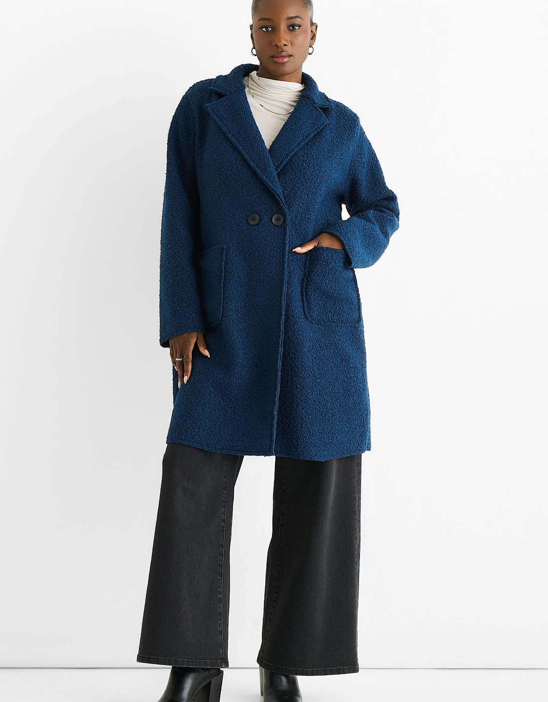 Gini London Women's Navy Shearling Mid Length Double Breasted Jacket - Size: 10/12