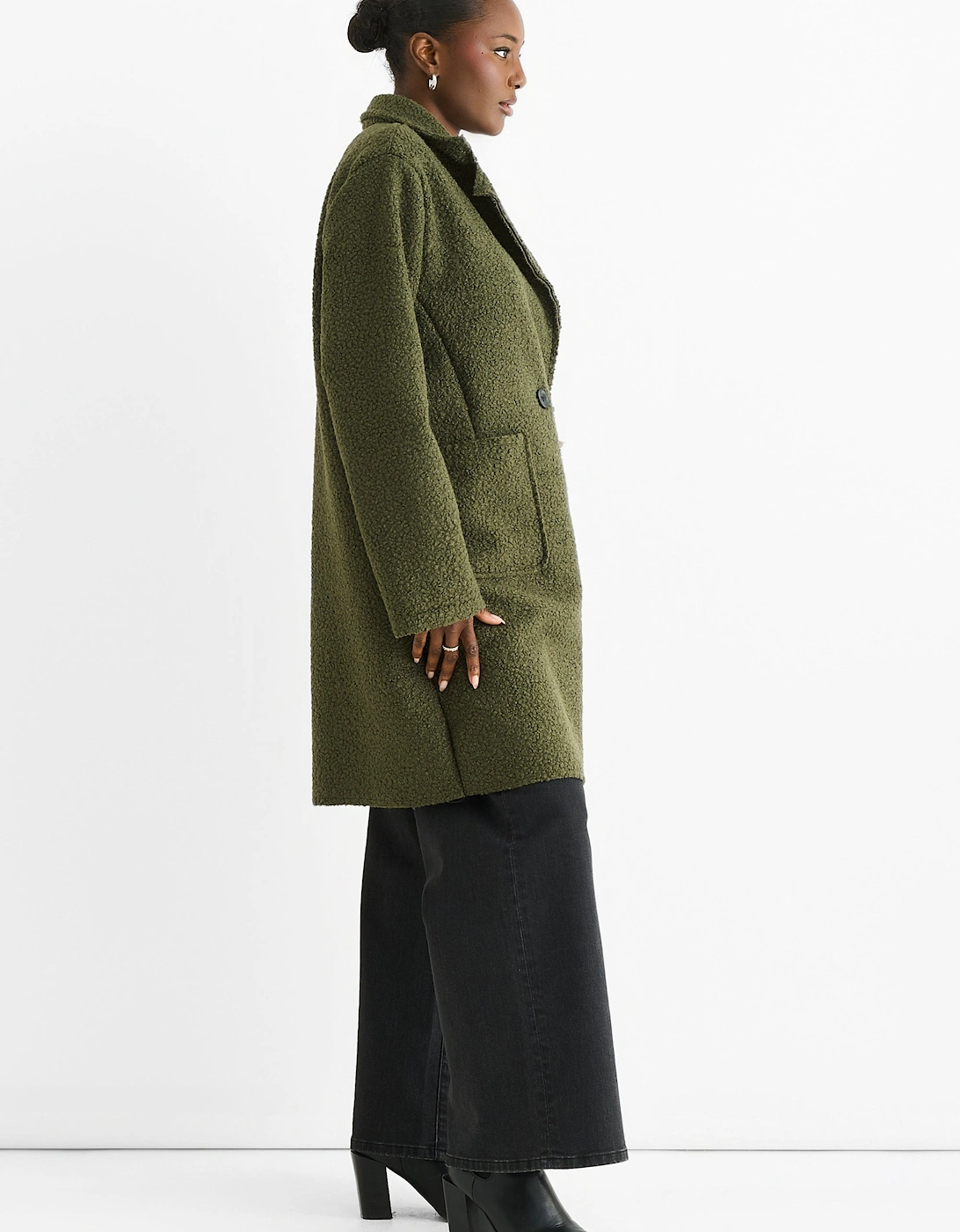 Khaki Shearling Mid Length Double Breasted Jacket