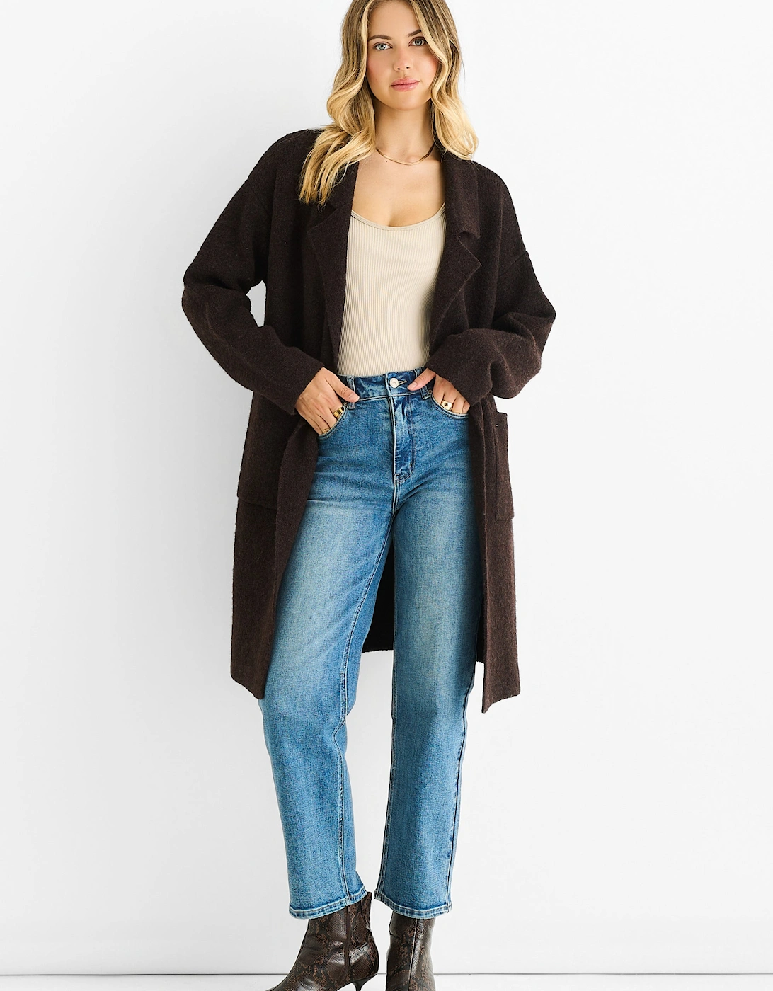 Gini London Women's Chocolate Wool Mix Longline Edge to Edge Cardigan - Size: 8/10