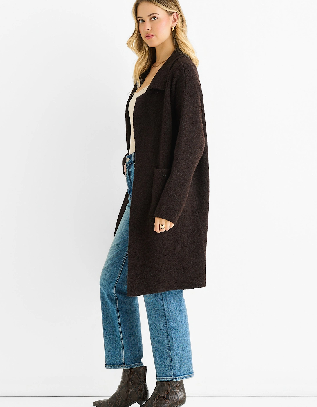 Chocolate Wool Mix Longline Edge to Edge Cardigan
