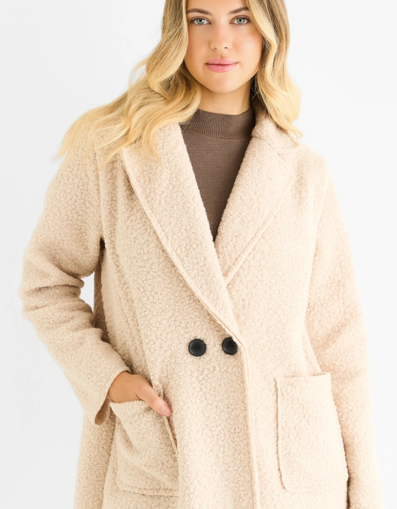 Beige Shearling Mid Length Double Breasted Jacket