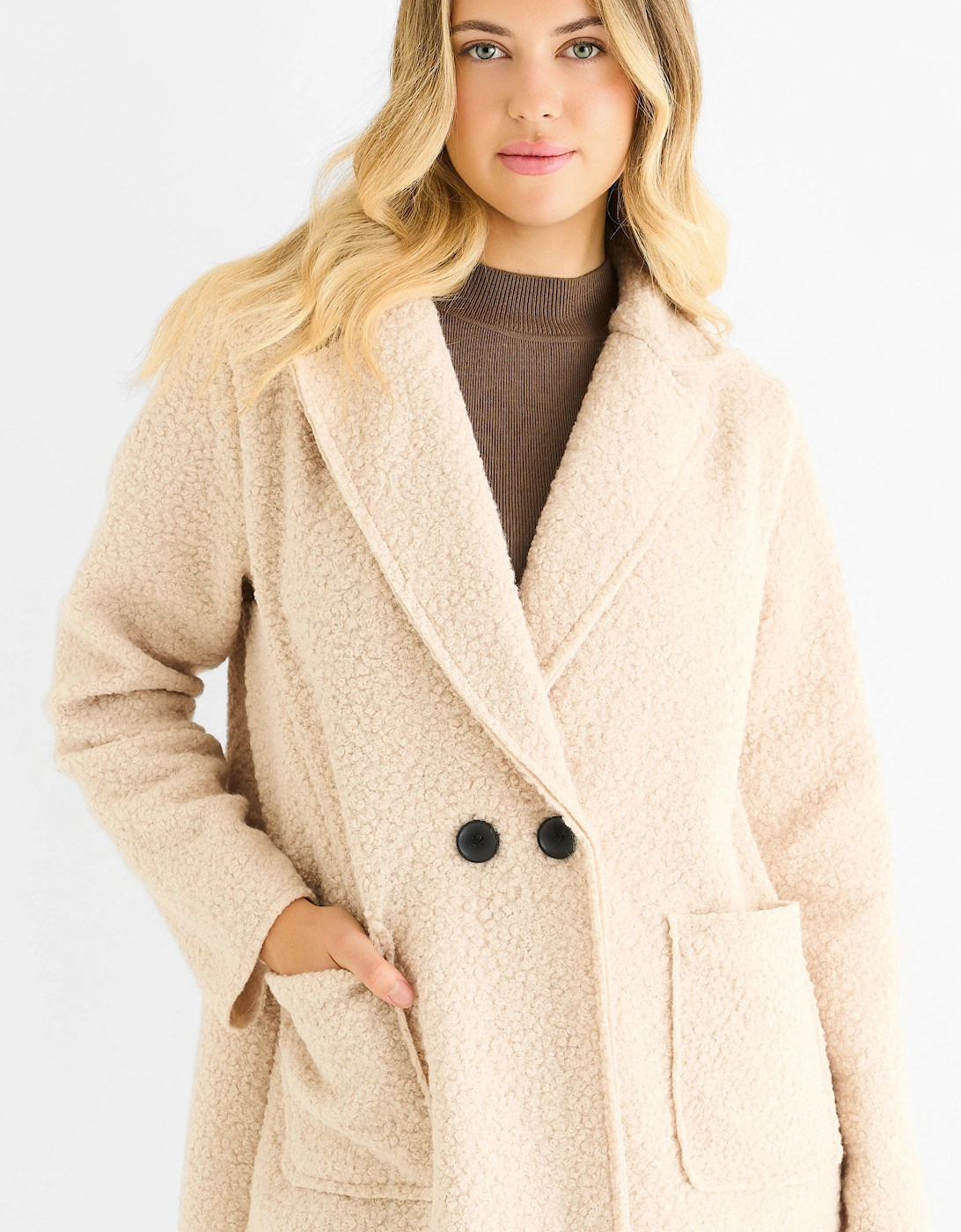 Beige Shearling Mid Length Double Breasted Jacket