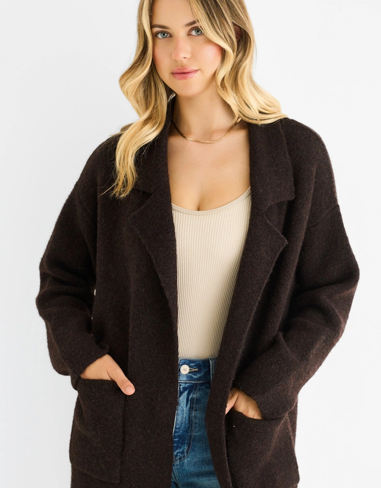 Chocolate Wool Mix Longline Edge to Edge Cardigan