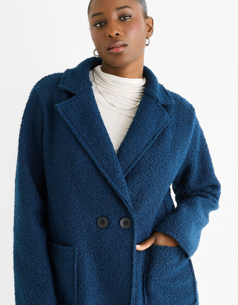 Navy Shearling Mid Length Double Breasted Jacket