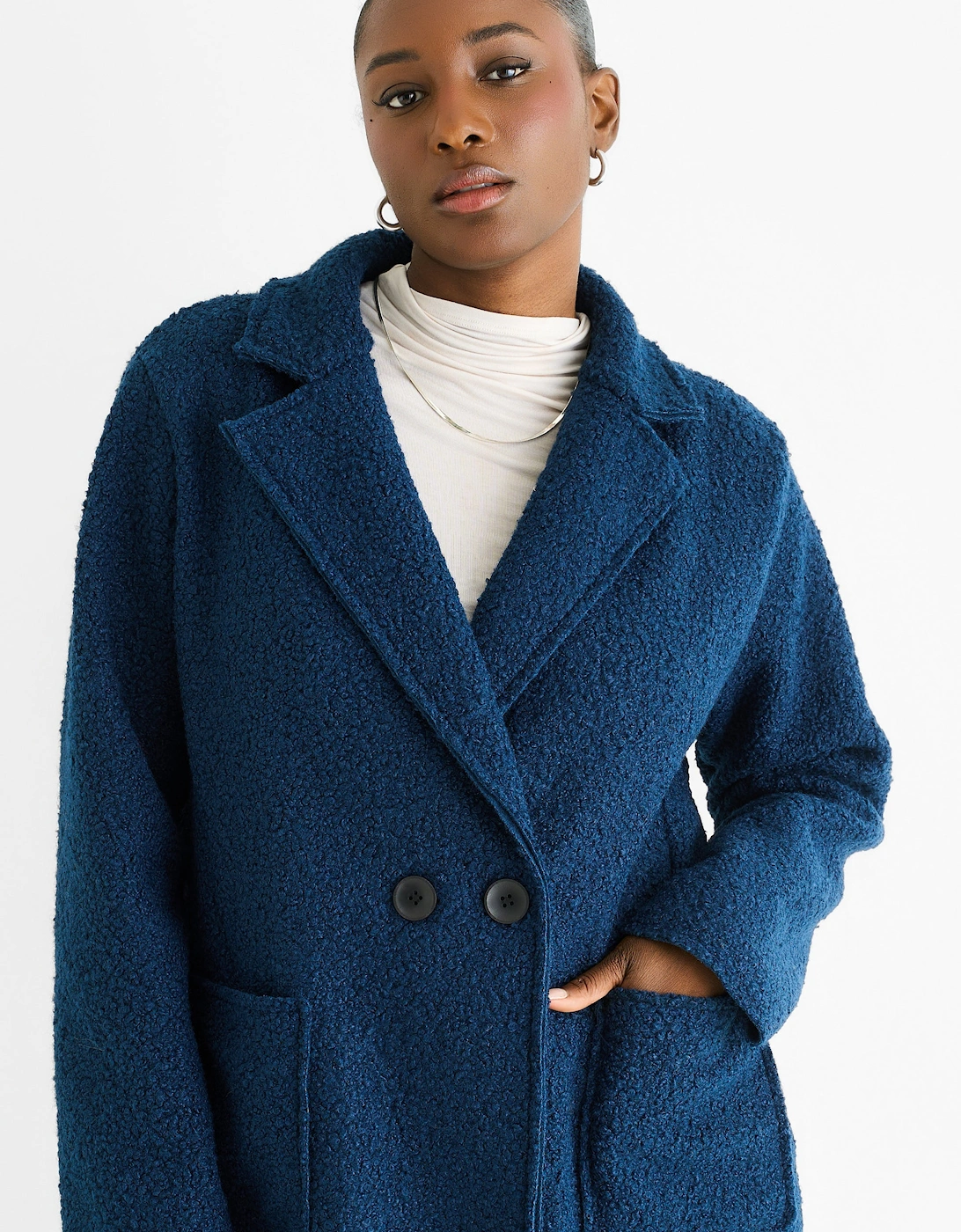 Navy Shearling Mid Length Double Breasted Jacket