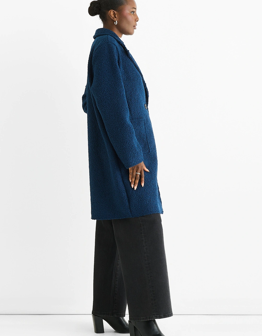 Navy Shearling Mid Length Double Breasted Jacket
