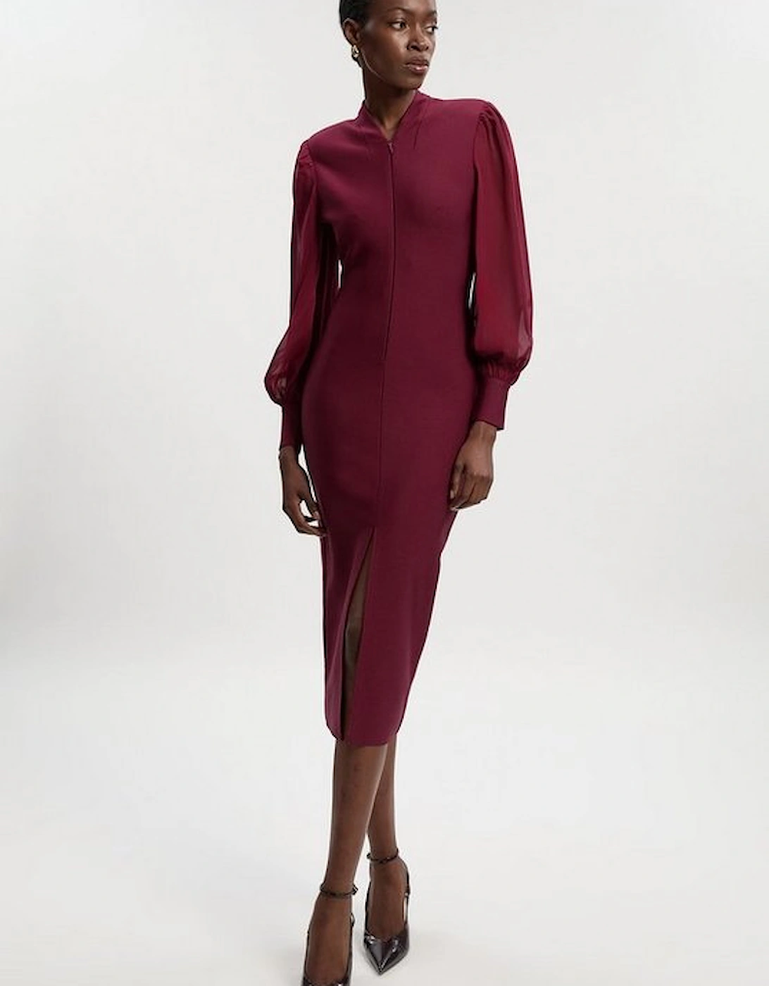Bandage Figure Form Zip Detail Chiffon Sleeve Knit Dress, 5 of 4