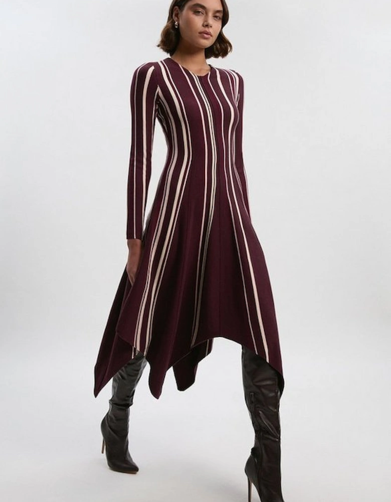 Stripe Viscose Blend Asymmetric Hem Knit Midi Dress