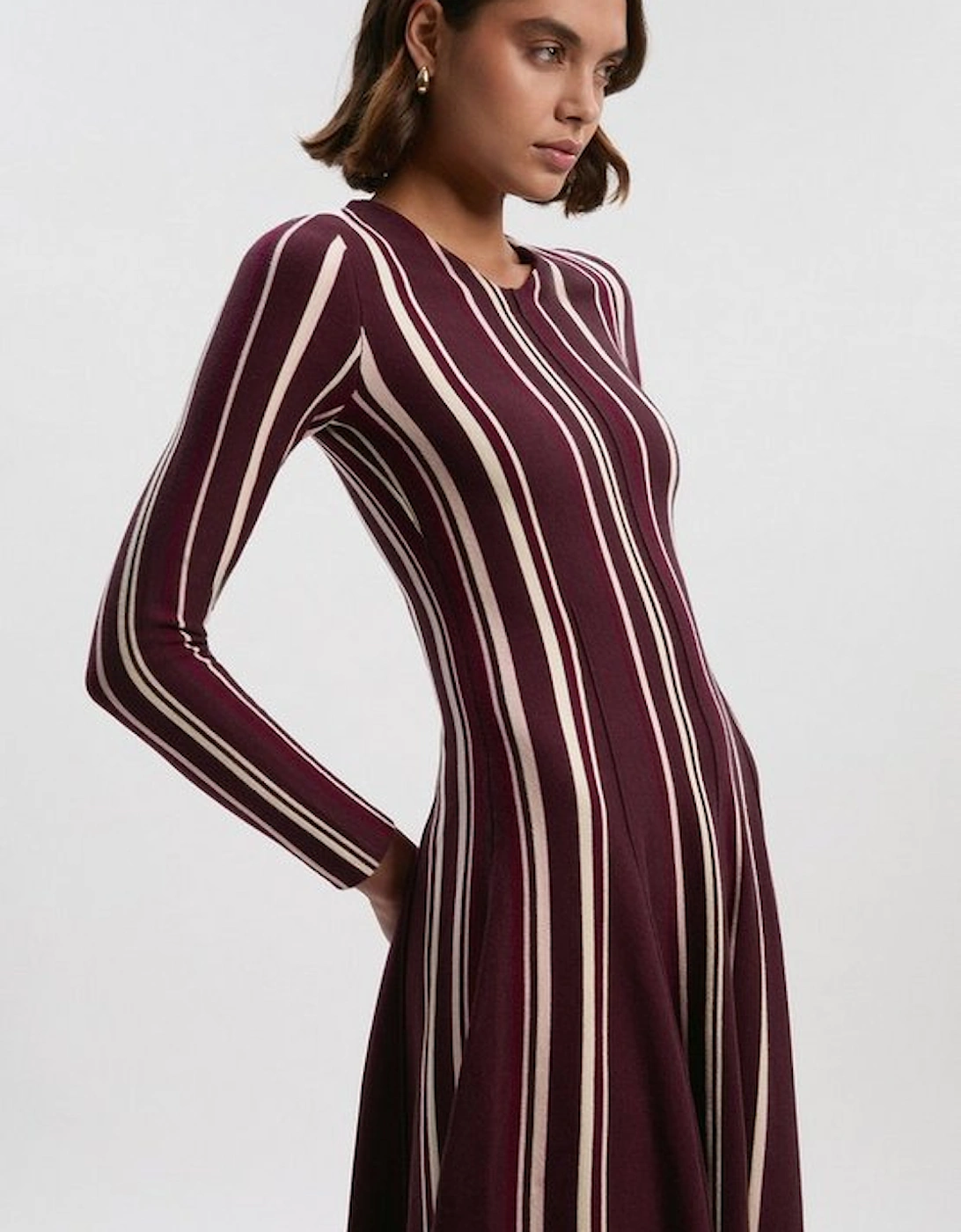 Stripe Viscose Blend Asymmetric Hem Knit Midi Dress