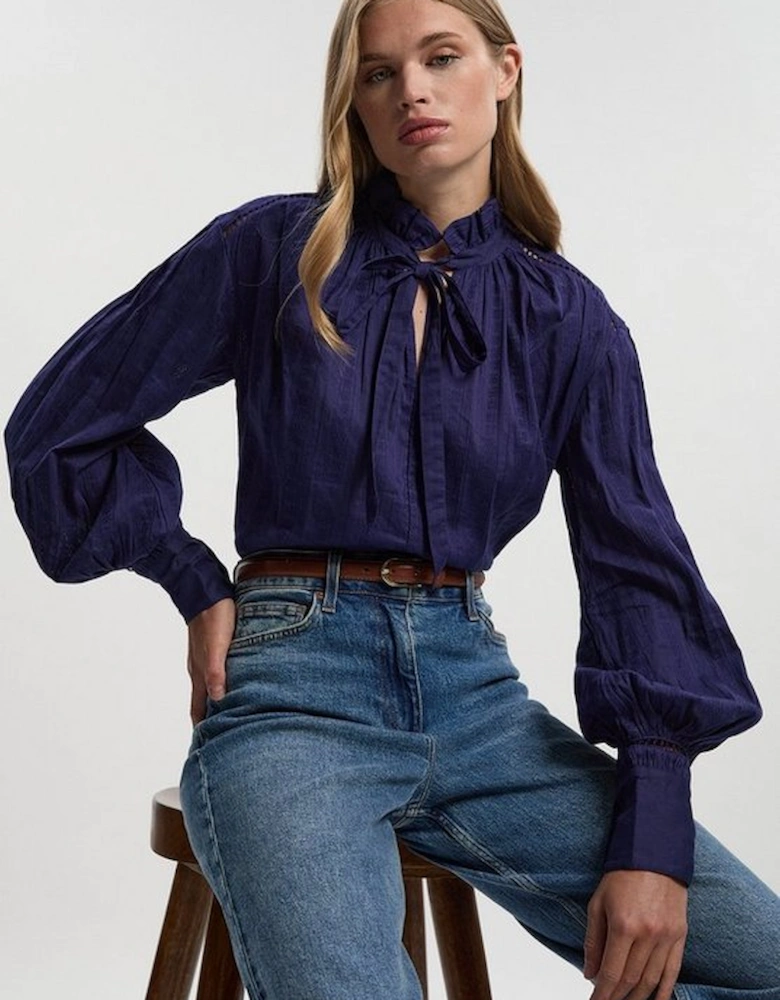 Cotton With Lace Trim Insert High Neck Puff Sleeve Blouse