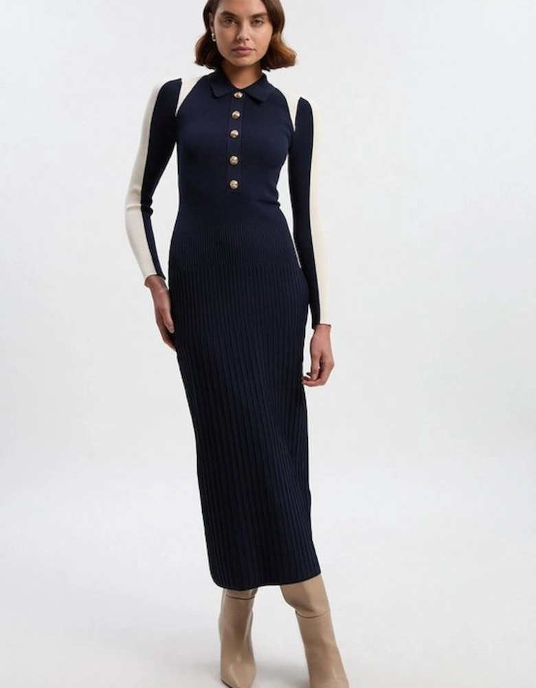 Rib Knit Military Colour Block Midi Dress