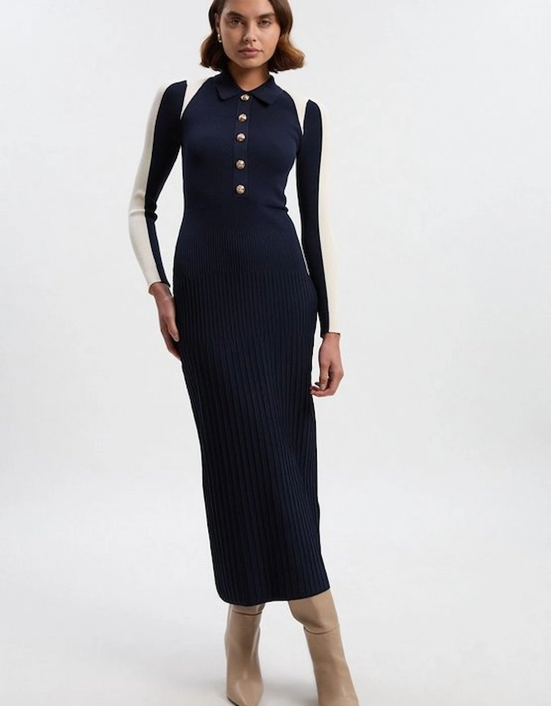 Rib Knit Military Colour Block Midi Dress