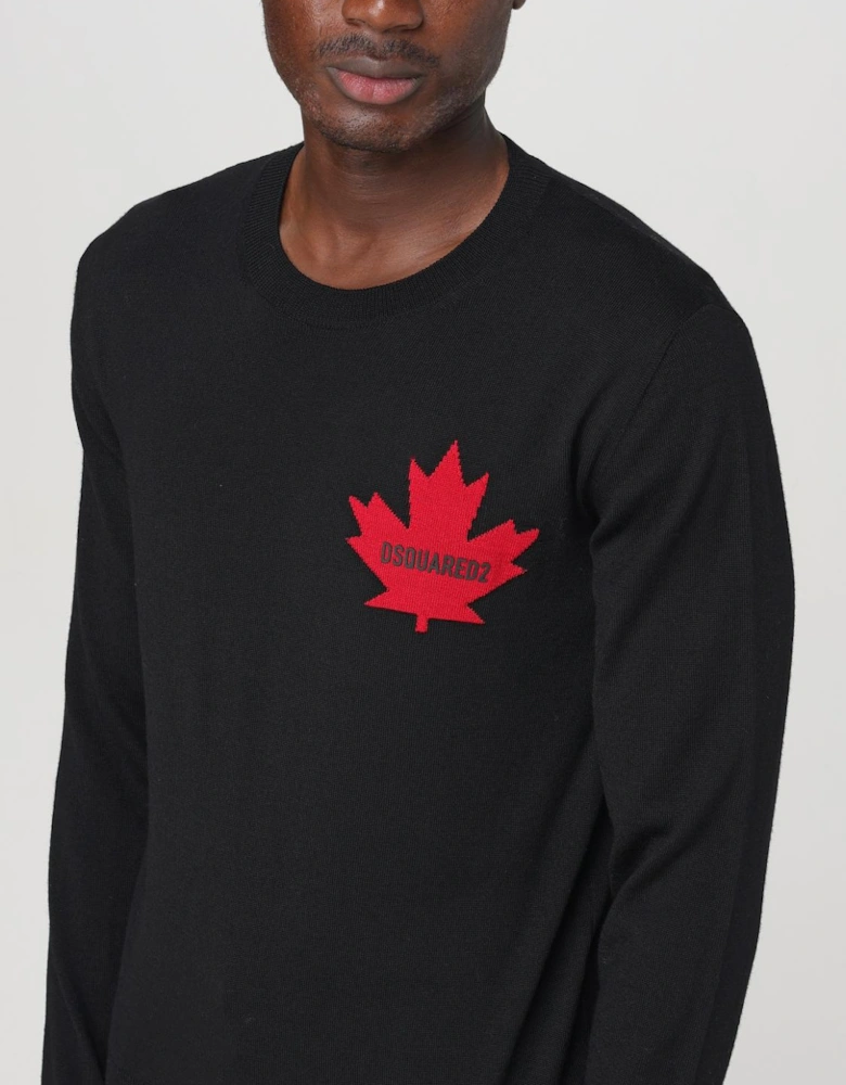 Crew Neck Pullover with Long Sleeves and Embroidered Leaf