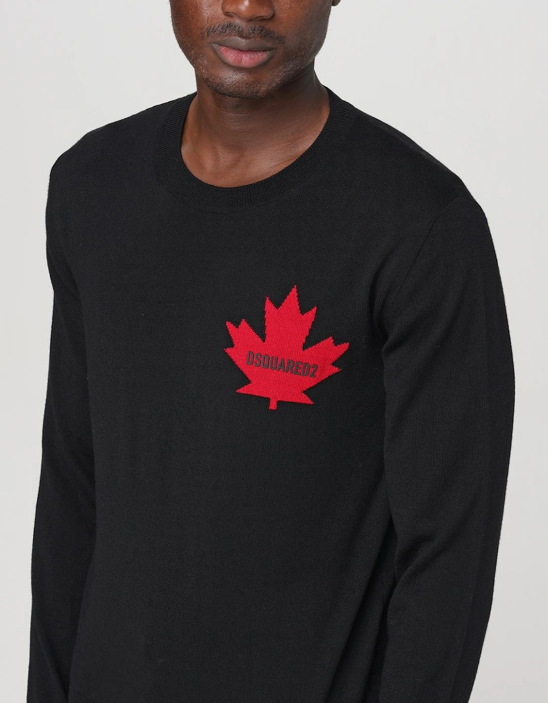 Crew Neck Pullover with Long Sleeves and Embroidered Leaf
