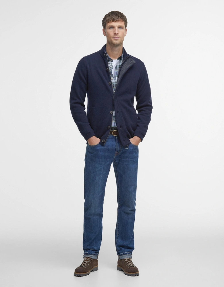 Patch Buttoned Full-Zip Mens Knit - Navy