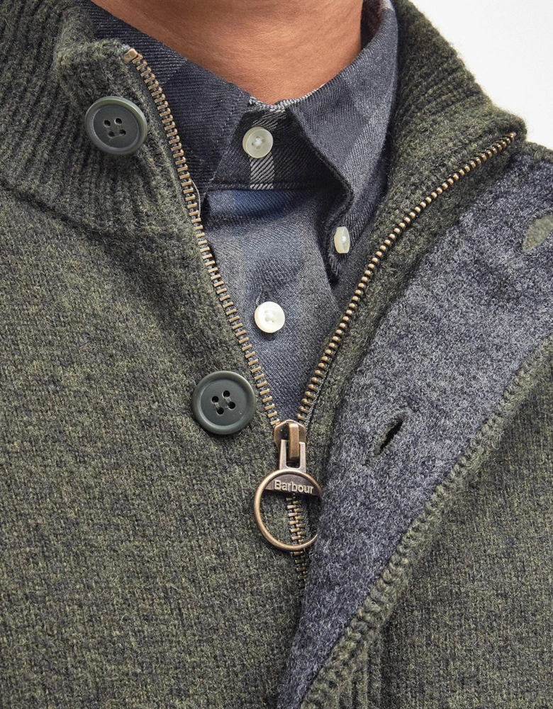 Patch Buttoned Full-Zip Mens Knit - Seaweed