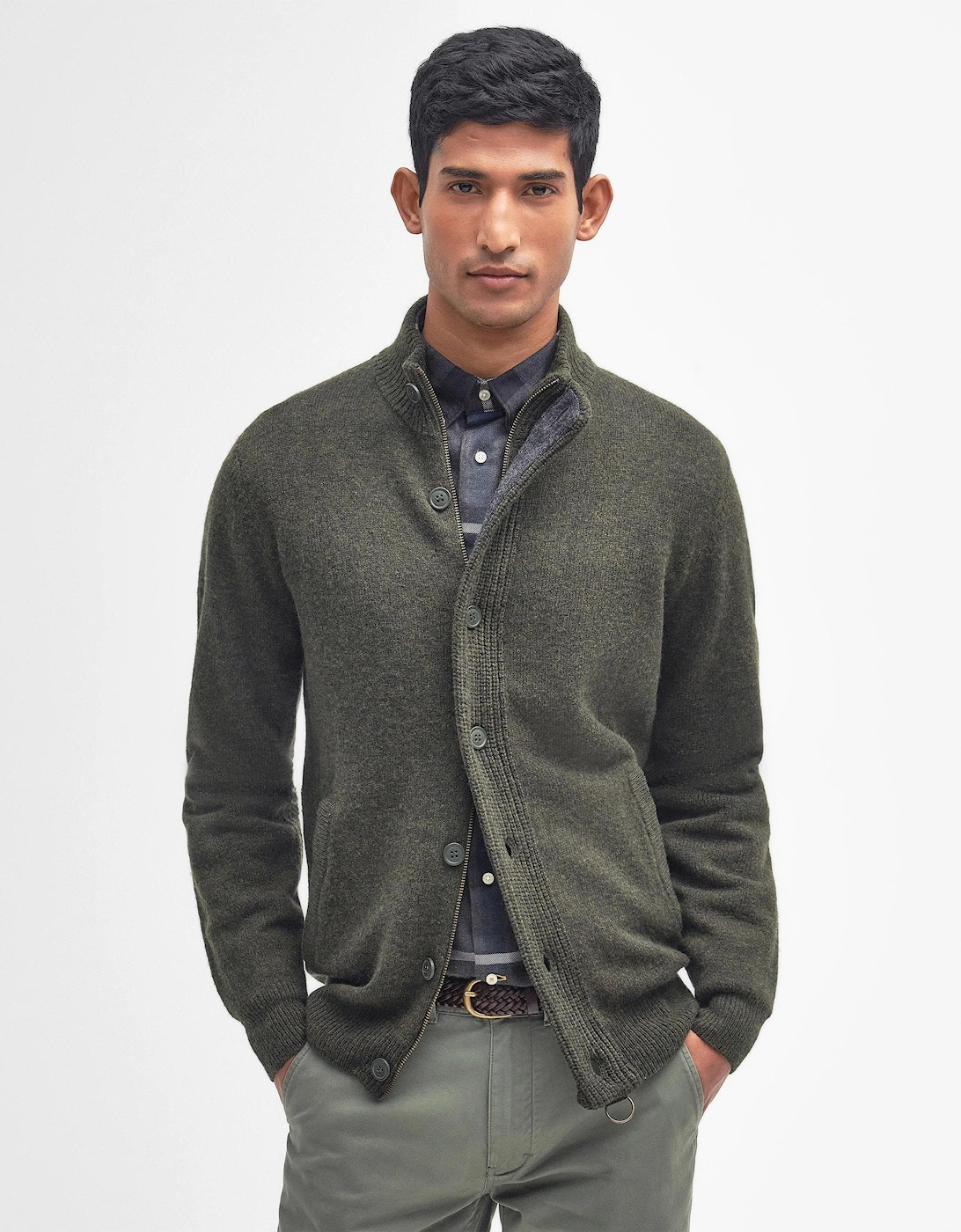 Patch Buttoned Full-Zip Mens Knit - Seaweed, 11 of 10