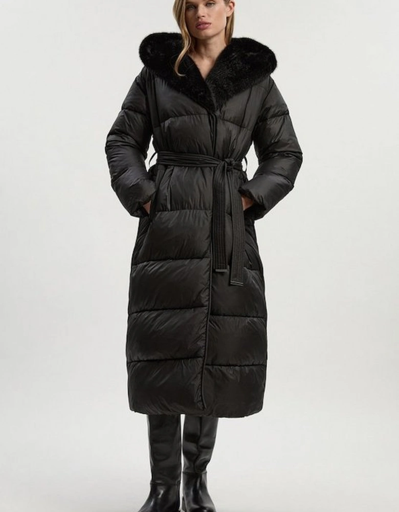 Premium Faux Fur Lined Padded Hooded Belted Midi Coat