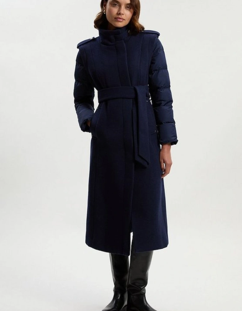 Wool Hybrid Puffer High Neck Belted Midi Coat