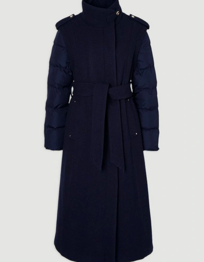 Wool Hybrid Puffer High Neck Belted Midi Coat