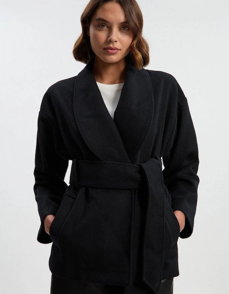 Brushed Wool Belted Wrap Tailored Short Coat