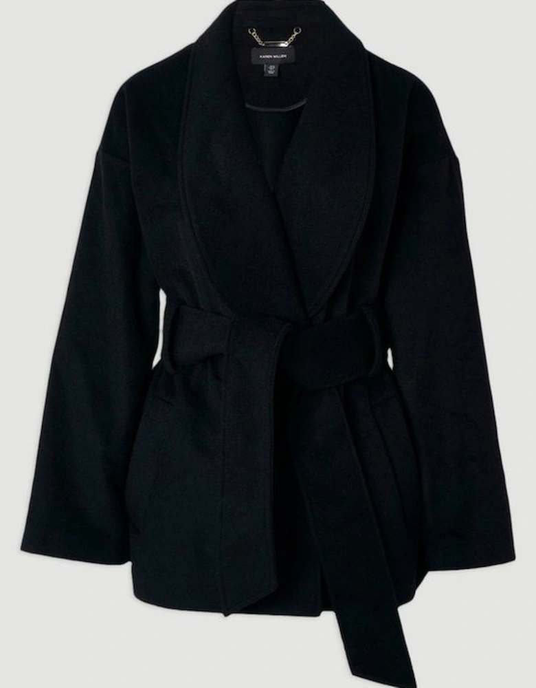 Brushed Wool Belted Wrap Tailored Short Coat